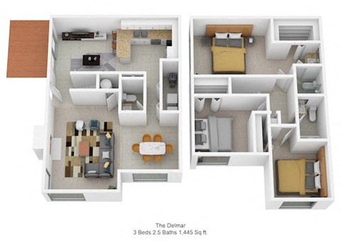 Floor plan for 3 beds, 2.5 baths, 1445 sqft